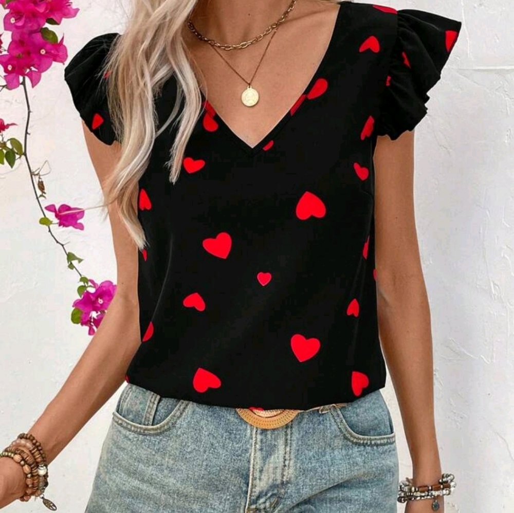 Red Black Heart Print V-Neck Ruffle Sleeve Top Blouse Shirt